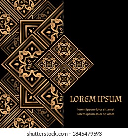 Goldener, luxuriöser Hintergrund, Vektorgrafik. Arabeske Vorlage für königliche Musterkarten. Art-Deco-Design für die Weihnachtsfeier Einladung, Neujahr Urlaub, Ramadan, Beauty-Spa-Flyer, Hochzeit, speichern Sie das Datum.