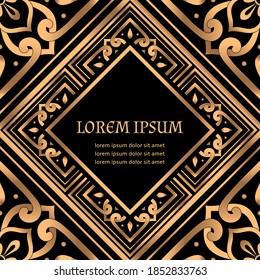 Golden tile luxury background vector. Arabesque royal pattern card template. Indian design for Christmas party invitation, New year holiday, Ramadan, beauty spa flyer, wedding, save the date.