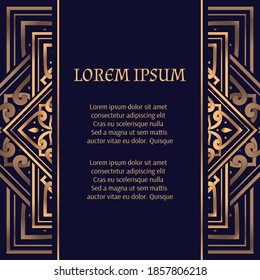 Goldener, luxuriöser Hintergrund, Vektorgrafik. Arabeske Vorlage für königliche Musterkarten. Geometrisches Design für die Weihnachtsfeier Einladung, Neujahr Urlaub, Ramadan, Beauty Spa Flyer, Hochzeit, speichern Sie das Datum.