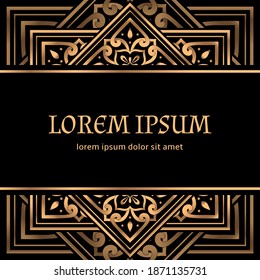 Golden tile luxury background vector. Arabesque royal pattern card template. Exclusive design for Christmas party invitation, New year holiday, Ramadan, beauty spa flyer, wedding, save the date.