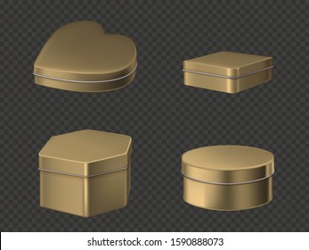 Golden tin boxes for tea, coffee or candies. Vector realistic mockup of copper round, square, hexagon and heart shape cans for gift packaging sweets isolated on transparent background