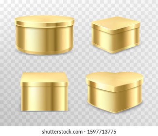 Golden tin boxes for tea, coffee or candies. Vector realistic mockup of round, square and heart shape cans for gift packaging sweets, biscuits isolated on transparent background