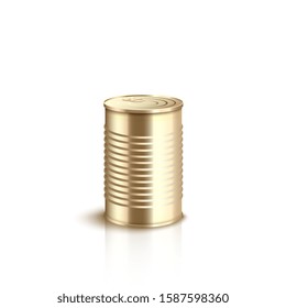 Golden tin can isolated on white background - realistic gold metal jar with closed pull ring lid and shiny metallic texture. Food preserve packaging template - vector illustration