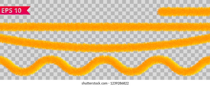 Golden tinsel collection. Christmas holiday decoration elements. Xmas ribbon garlands. Festive bright ornament. Vector, isolated, eps 10. 