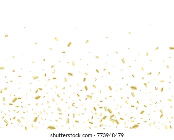 Golden Tinsel Falling Confetti. Christmas, New Year, Birthday Party Decoration. Winter Creative Luxury VIP Glamour Decoration. Gold Glitter, Sparkling Shiny Frame. Elegant Texture, Bokeh Banner.