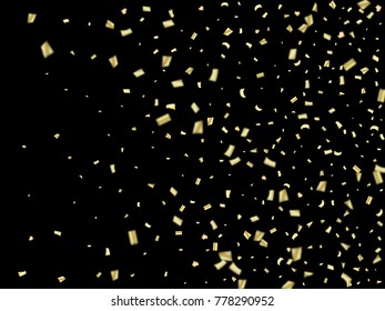 Golden Tinsel Falling Confetti. Christmas, New Year, Birthday Party Background. Winter Creative Luxury VIP Premium Decoration. Gold Glitter, Sparkling Shiny Frame. Elegant Texture, Bokeh Banner.