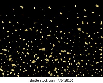 Golden Tinsel Flying Confetti. Christmas, New Year, Birthday Party Background. Winter Creative Luxury VIP Glamour Decoration. Gold Glitter. Elegant Texture, Bokah Banner.