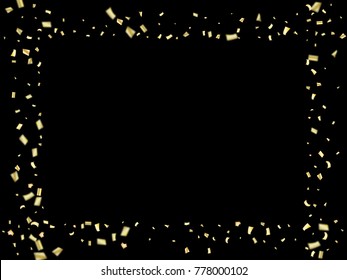 Golden Tinsel Flying Confetti. Christmas, New Year, Birthday Party Decoration. Winter Creative Luxury VIP Premium Decoration. Gold Glitter, Sparkling Rich Border. Elegant Texture, Golden Tinsel.