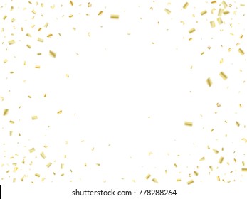 Golden Tinsel Flying Confetti. Christmas, New Year, Birthday Party Background. Holidays Creative Luxury VIP Glamour Decoration. Gold Glitter, Sparkling Shiny Frame. Elegant Texture, Bokeh Banner.