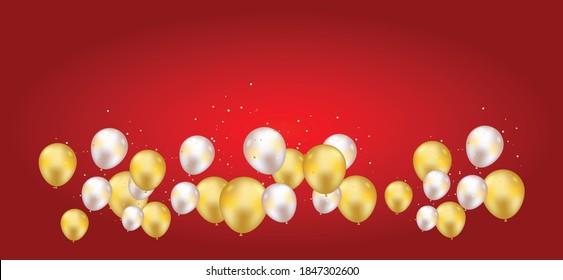Golden Tiny Confetti And Balloon On Red Background. Vector