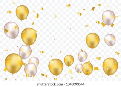 Golden Tiny Confetti With Balloon On Transparent Background. Vector