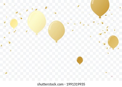 Golden Tiny Confetti And balloon With Ribbon Falling On White Background. Vector