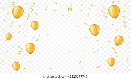 Golden Tiny Confetti And balloon With Streamer Ribbon Falling On Transparent Background. Vector Illustration
