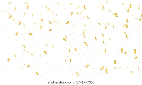 Golden tiny confetti fall down and scatter. Template for greeting card, birthday, celebration, sale and other design. Stock vector illustration on white isolated background.