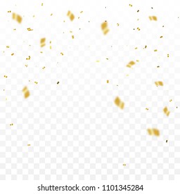 Golden Tiny Confetti Falling On Transparent Background. Vector