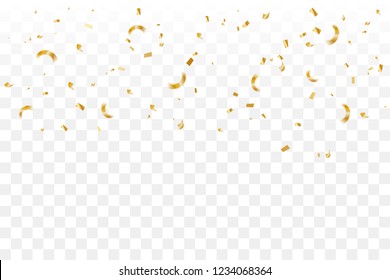 Golden Tiny Confetti Falling On Transparent Background. Vector