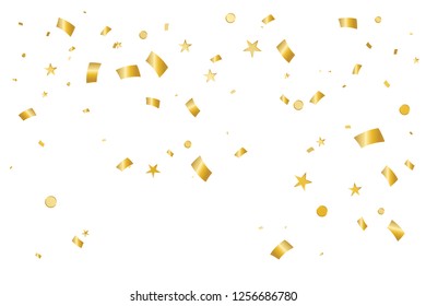 Golden Tiny Confetti Falling On White Background. Vector