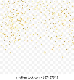 Golden Tiny Confetti Falling On Transparent Background. Vector
