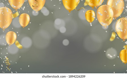 Golden Tiny Confetti and gold balloons confetti party background, concept design. Celebration Vector illustration