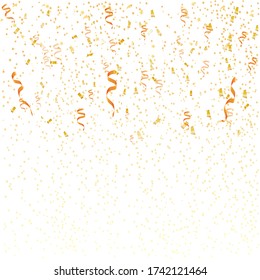 Golden tiny confetti, gold stars and serpentine elements fall down and scatter. Template for greeting card,birthday,celebration,sale and other design. Stock vector illustration on white isolated bg.