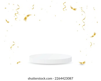 Golden Tiny Confetti And Podium With Streamer Ribbon Falling On White Background. Vector