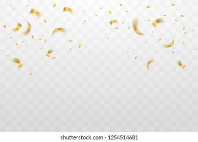 Golden Tiny Confetti Ribbon Falling On Transparent Background. Happy New Year 2019. Decoration. Vector