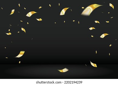 Cinta Dorada Y Pequeña De Confetti Que Cae Sobre El Fondo De Los Estudios Negros. Vector