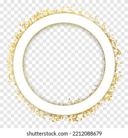 Golden Tiny Confetti And Ribbon Falling On Transparent Background. Circle Frame. Celebration Decoration. Vector