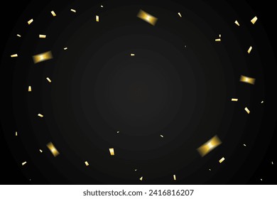 Golden Tiny Confetti Ribbon Falling On Black Studio Background. Vector Illustration. Wallpaper. Banner. Backdrop