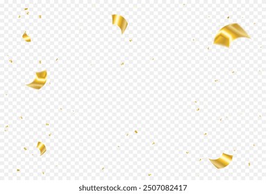 Golden Tiny Confetti Ribbon Falling On Transparent Background. Vector Illustration. Happy Birthday. Congratulations Banner