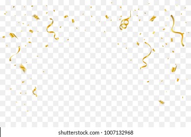 Golden Tiny Confetti And Streamer Ribbon Falling On Transparent Background. Vector