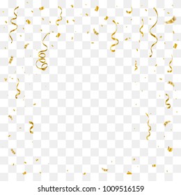 Golden Tiny Confetti And Streamer Ribbon Falling On Transparent Background. Vector