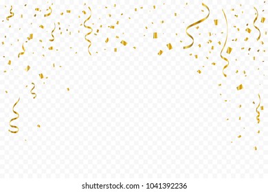 Golden Tiny Confetti And Streamer Ribbon Falling On Transparent Background. Vector