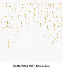 Golden Tiny Confetti And Streamer Ribbon Falling On Transparent Background. Vector