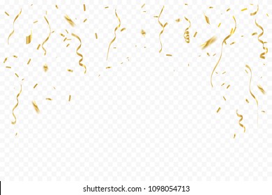 Golden Tiny Confetti And Streamer Ribbon Falling On Transparent Background. Vector