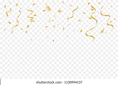 Golden Tiny Confetti And Streamer Ribbon Falling On Transparent Background. Vector