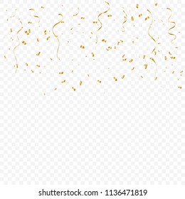 Golden Tiny Confetti And Streamer Ribbon Falling On Transparent Background. Vector