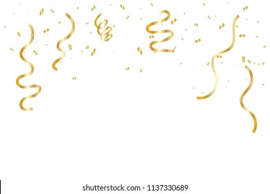 Golden Tiny Confetti And Streamer Ribbon Falling On Transparent Background. Vector
