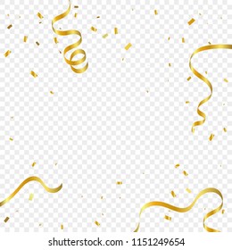 Golden Tiny Confetti And Streamer Ribbon Falling On Transparent Background. Vector