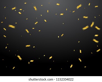 Golden Tiny Confetti And Streamer Ribbon Falling On Black Background. Concept Design. Congratulations & Celebration. Vector