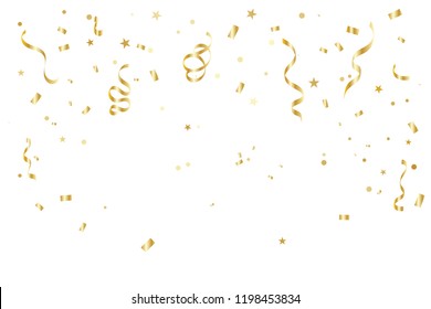 Golden Tiny Confetti And Streamer Ribbon Falling On White Background. Vector