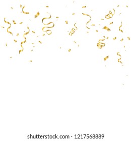 Golden Tiny Confetti And Streamer Ribbon Falling On White Background. Vector