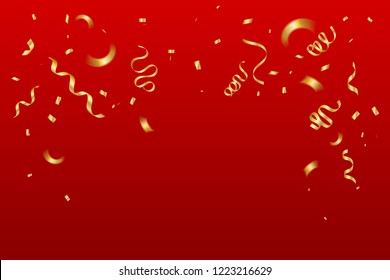 Golden Tiny Confetti And Streamer Ribbon Falling On Red Background. Chinese New Year. Vector