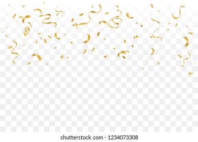 Golden Tiny Confetti And Streamer Ribbon Falling On Transparent Background. Vector