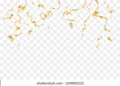 Golden Tiny Confetti And Streamer Ribbon Falling On Transparent Background. Vector