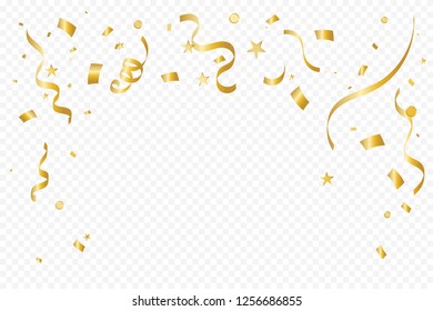 Golden Tiny Confetti And Streamer Ribbon Falling On Transparent Background. Vector