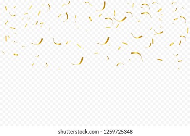 Golden Tiny Confetti And Streamer Ribbon Falling On Transparent Background. Vector