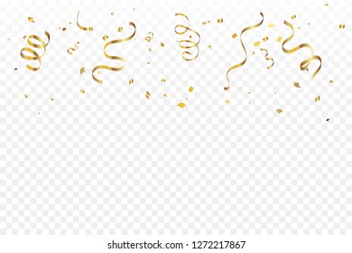 Golden Tiny Confetti And Streamer Ribbon Falling On Transparent Background. Vector