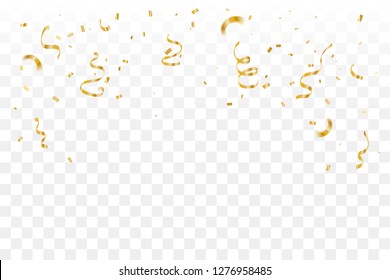 Golden Tiny Confetti And Streamer Ribbon Falling On Transparent Background. Vector