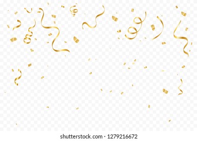 Golden Tiny Confetti And Streamer Ribbon Falling On Transparent Background. Vector